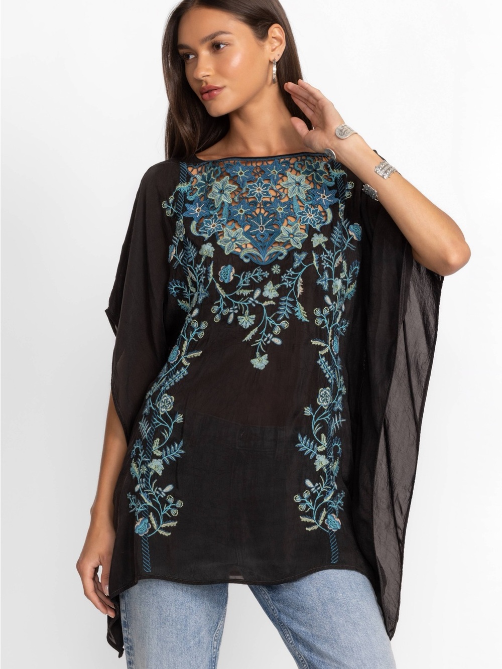 Johnny Was Black Blue Floral Embroidered Rebecca Poncho Top S/M
